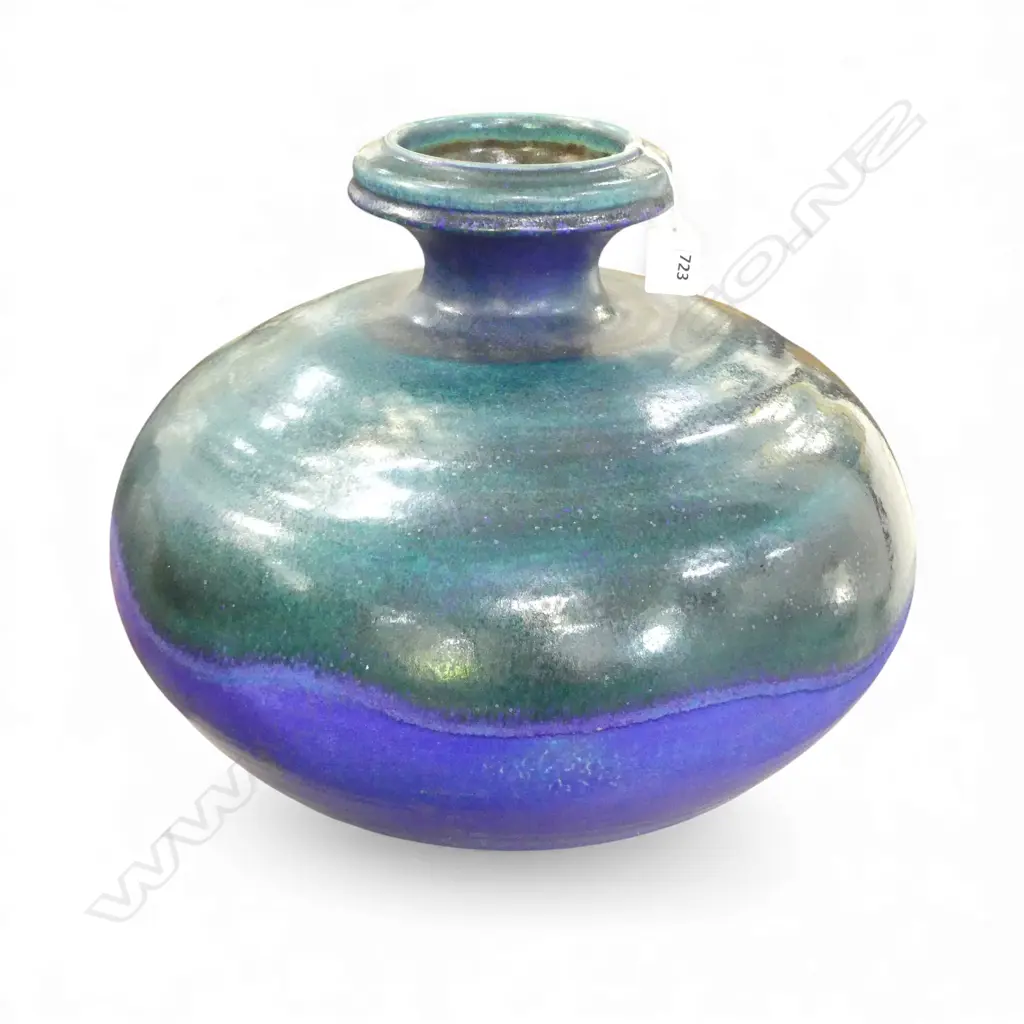 Graeme Storm large squat spherical stoneware vase - c.1970/80's, green over blue/mauve glaze with wavy glaze intersection. Impressed potters mark. H.330mm. Image 1++