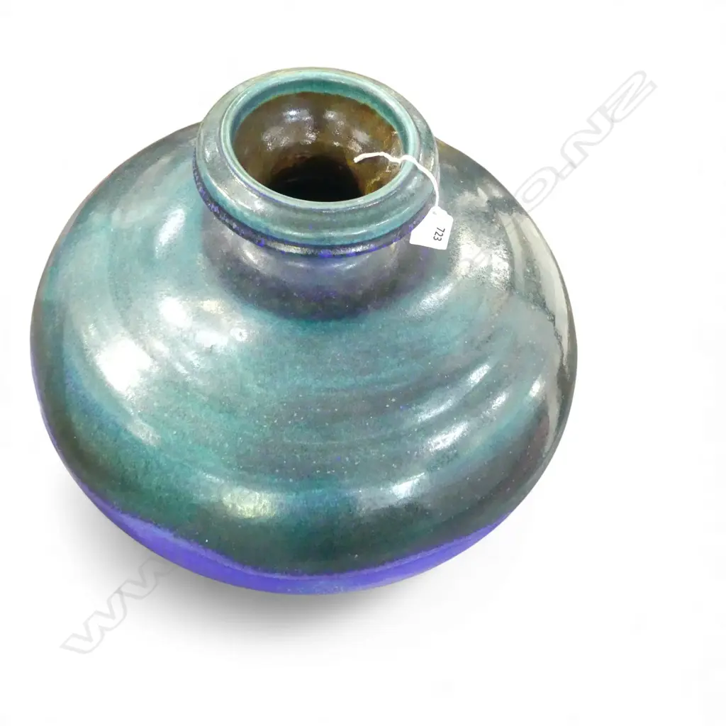 Graeme Storm large squat spherical stoneware vase - c.1970/80's, green over blue/mauve glaze with wavy glaze intersection. Impressed potters mark. H.330mm. Image 1++
