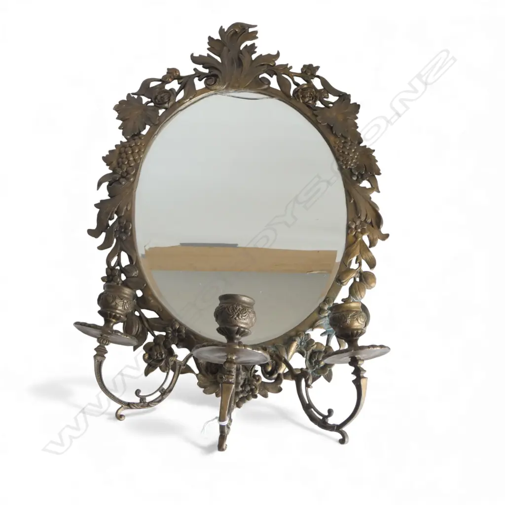 VINTAGE BRASS 3 BRANCH CANDLABRA WALL MIRROR CRACK TO MIRROR H520MM Image 1++