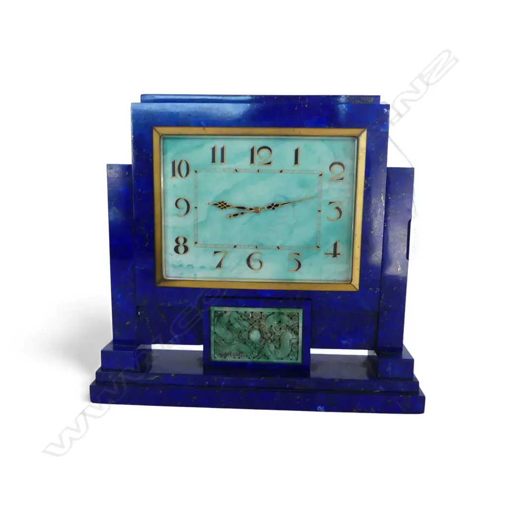 STUNNING  & UNUSUAL ART DECO LAPIS LAZULI MANTEL CLOCK JADE PANEL TO BASE 260x65x230mm - MINOR FAULTS Image 1++