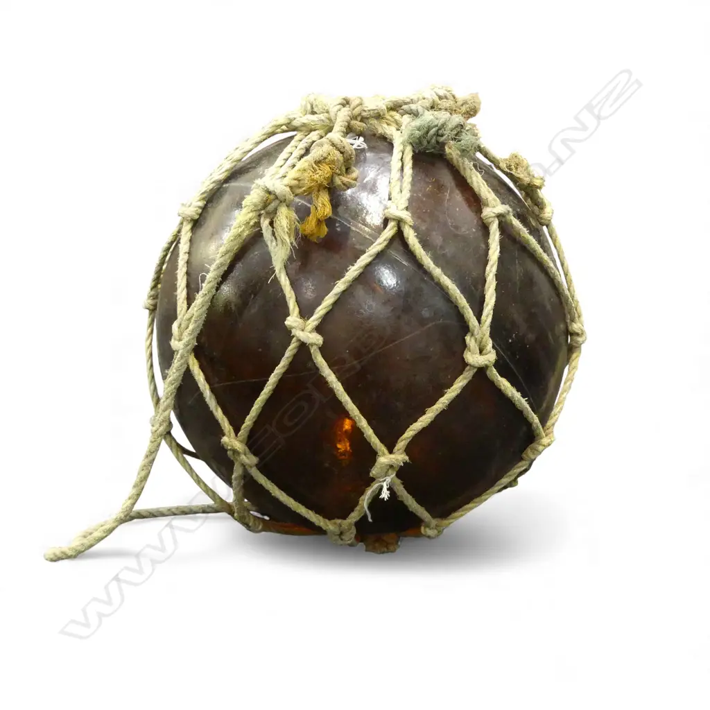 OLD GLASS FISHING FLOAT w. NETTING 350mm dia Image 1++