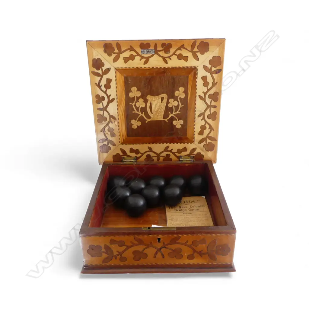 19thC SCOTTISH / IRISH INLAID WORK BOX 225 x 225mm with 9 'Bobs' game balls Image 1++
