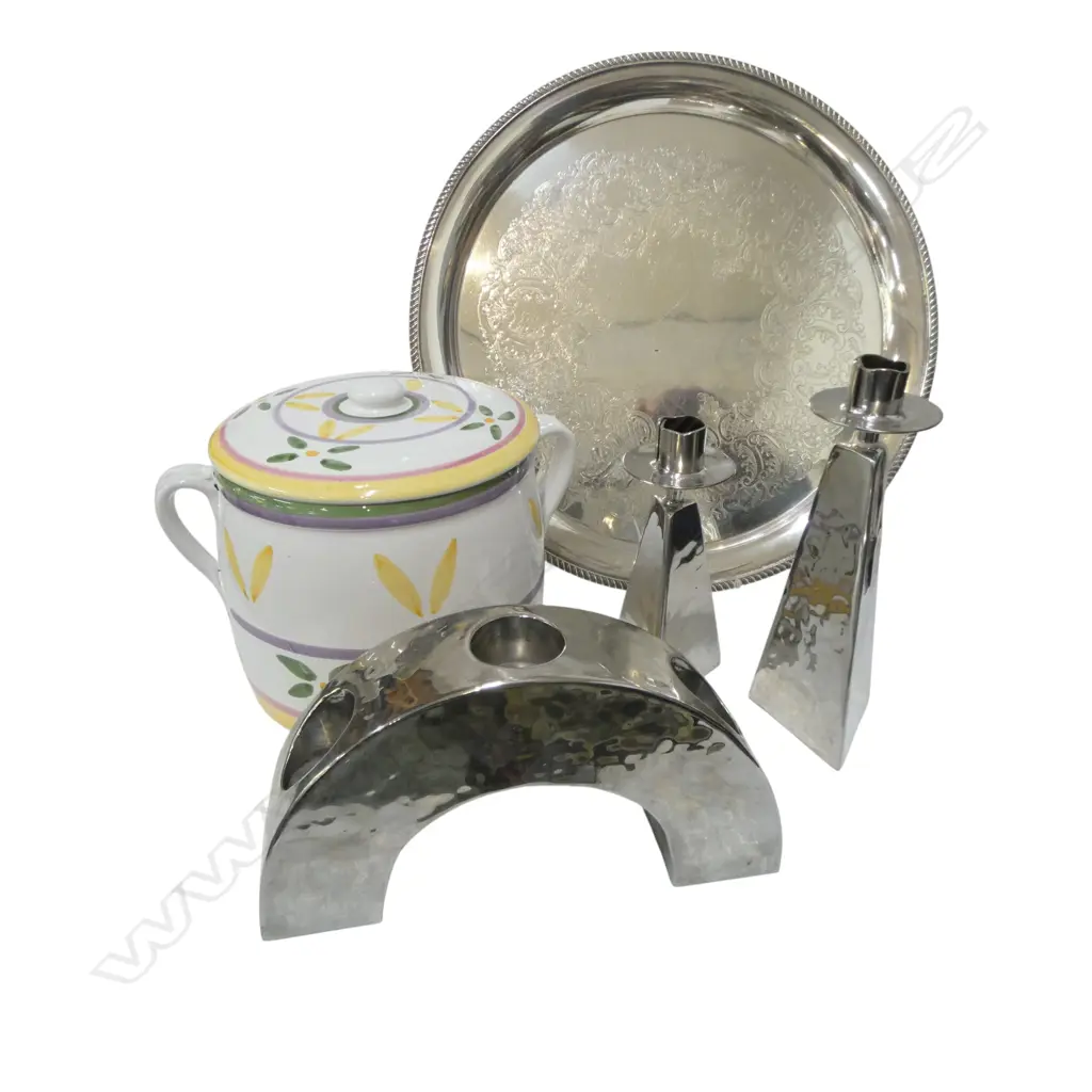 EP TRAY 400mm dia, 3 CANDLESTICKS, CANDLE IN LIDDED JAR, BODUM DECANTER Image 1++