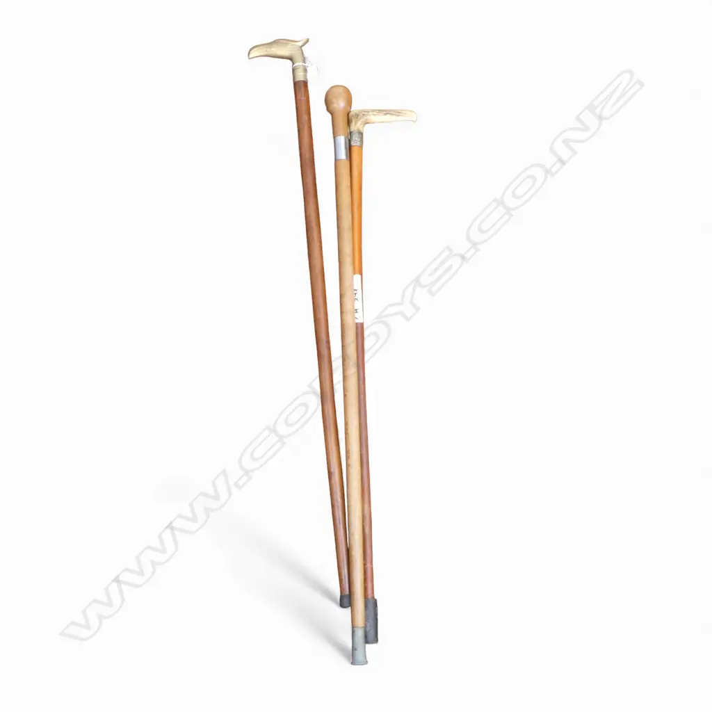 3 WALKING STICKS; ANTLER, BRASS BIRD HEAD, WOODEN BALL L.940mm Image 1++