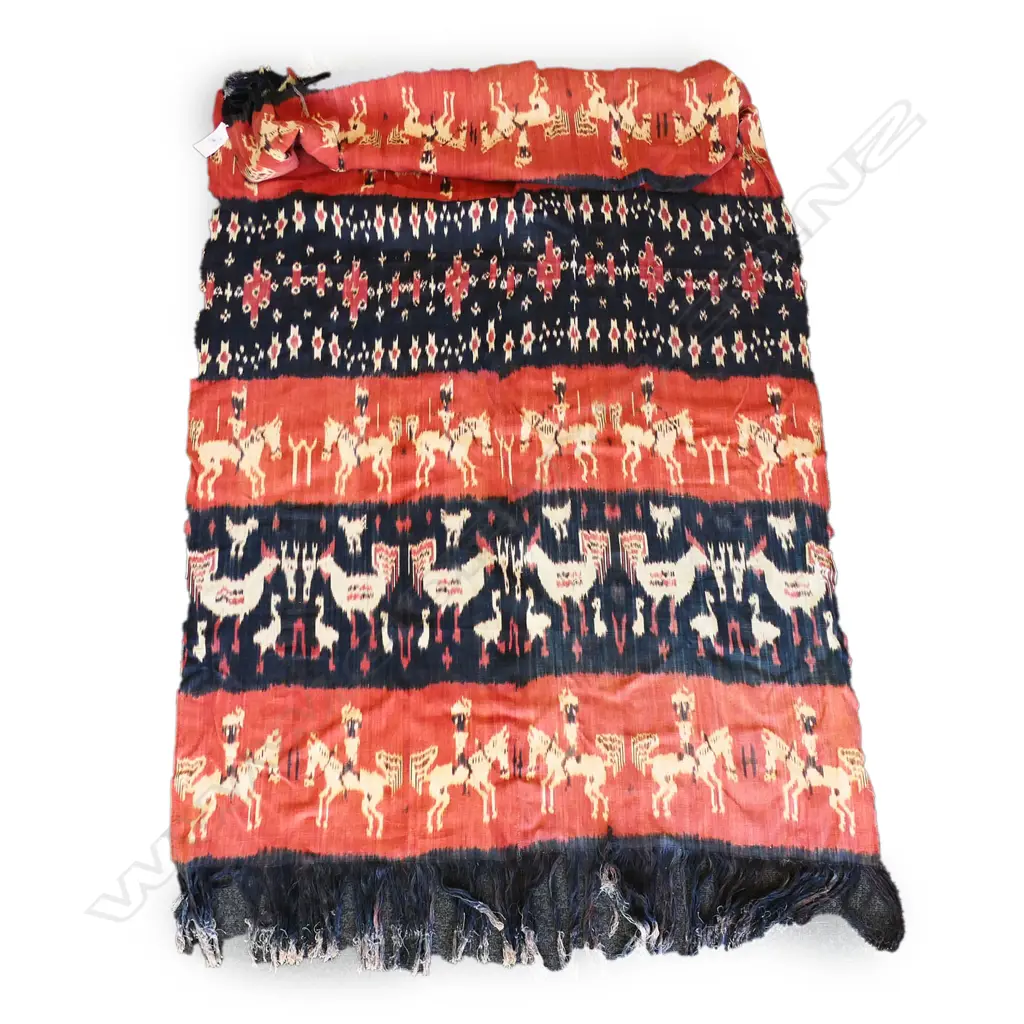 20thC INDONESIAN IKAT FABRIC, FIGURES ON HORSES & CHICKEN MOTIFS, BANDS OF RED & INDIGO, 2030 x 1090mm Image 1++