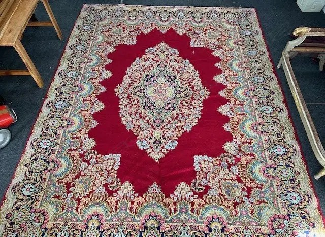 Very large Persian Kerman hand knotted carpet w curvilinear tendril design. Red ground. 4000 x3030mm. Some insect damage Image 1++