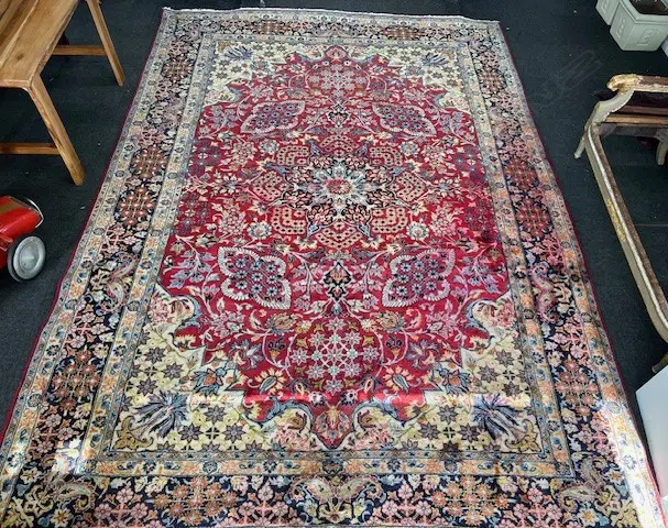 Very large Persian Kerman hand knotted carpet w curvilinear tendril design. Red ground. 4200 x 2900mm. Some dye run Image 1++