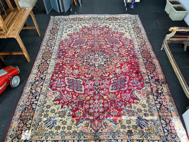 Very large Persian Kerman hand knotted carpet w curvilinear tendril design. Red ground. 4200 x 2900mm. Some dye run Image 1++