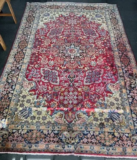 Very large Persian Kerman hand knotted carpet w curvilinear tendril design. Red ground. 4200 x 2900mm. Some dye run Image 1++