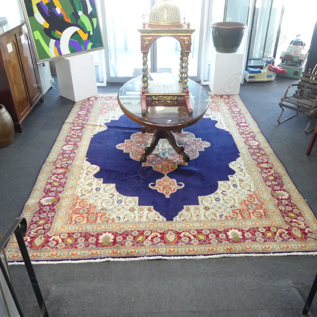 Very large Persian Kerman hand knotted carpet w curvilinear tendril design.  3960 x 3000mm. Minor insect damage Image 1++