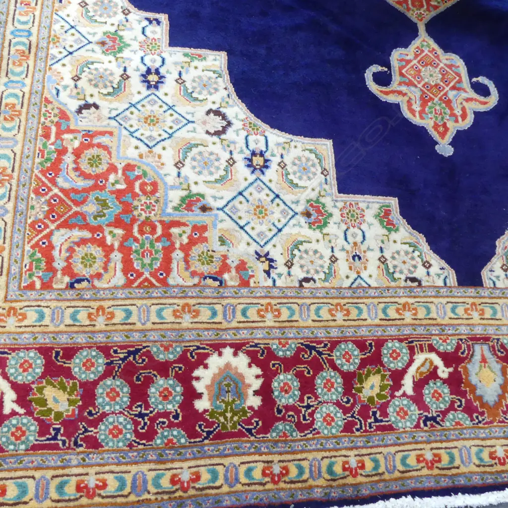 Very large Persian Kerman hand knotted carpet w curvilinear tendril design.  3960 x 3000mm. Minor insect damage Image 1++