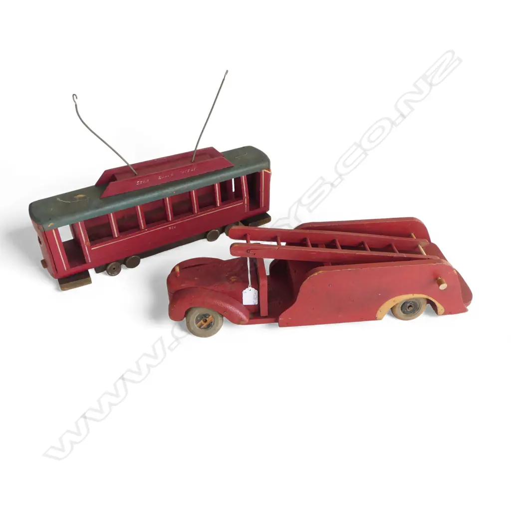 2 wooden scratch built toys: tram car + fire ladder truck. L.530mm Image 1++
