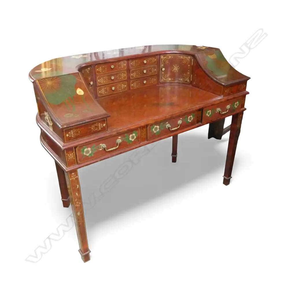 A MODERN CHINOISERIE HAND PAINTED DESK AND CHAIR WITH LOTUS FLOWERS AND BIRDS Image 1++