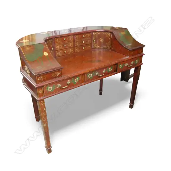A MODERN CHINOISERIE HAND PAINTED DESK AND CHAIR WITH LOTUS FLOWERS AND BIRDS