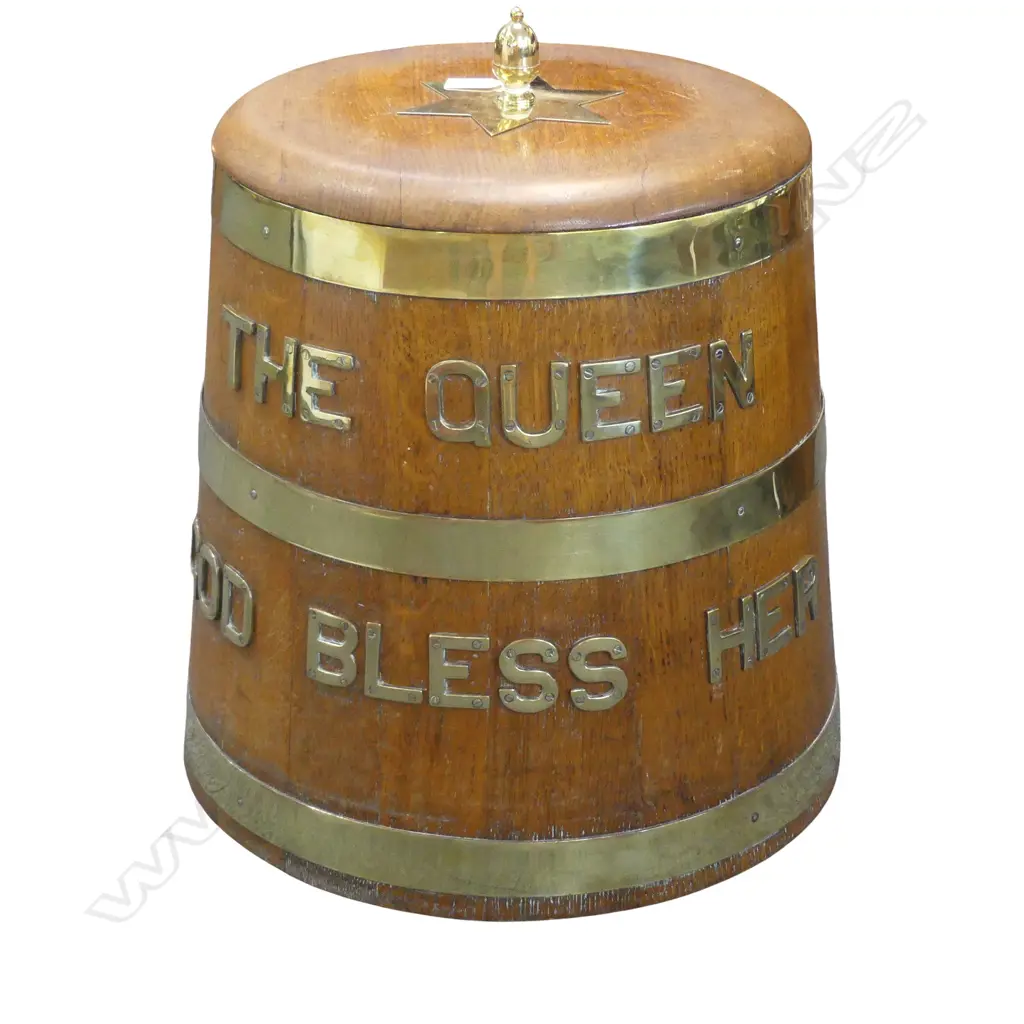 ENGLISH OAK NAVY RUM BARRELL, PRE 1970 ISSUE, EX UK NAVY STORES H.500mm 'THE QUEEN GOD BLESS HER' Image 1++