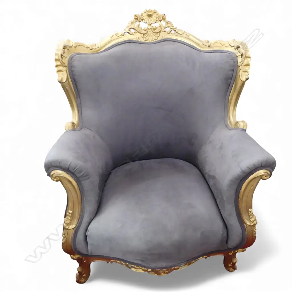 PR LOUIS XV ROCOCO STYLE  ARM CHAIRS IN GREY VELVET EX.THOMPSON TWINS Image 1++