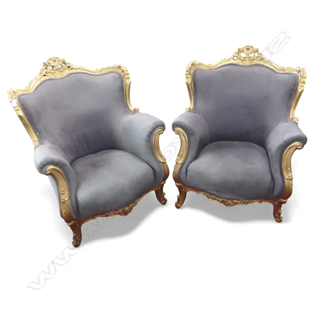 PR LOUIS XV ROCOCO STYLE  ARM CHAIRS IN GREY VELVET EX.THOMPSON TWINS Image 1++