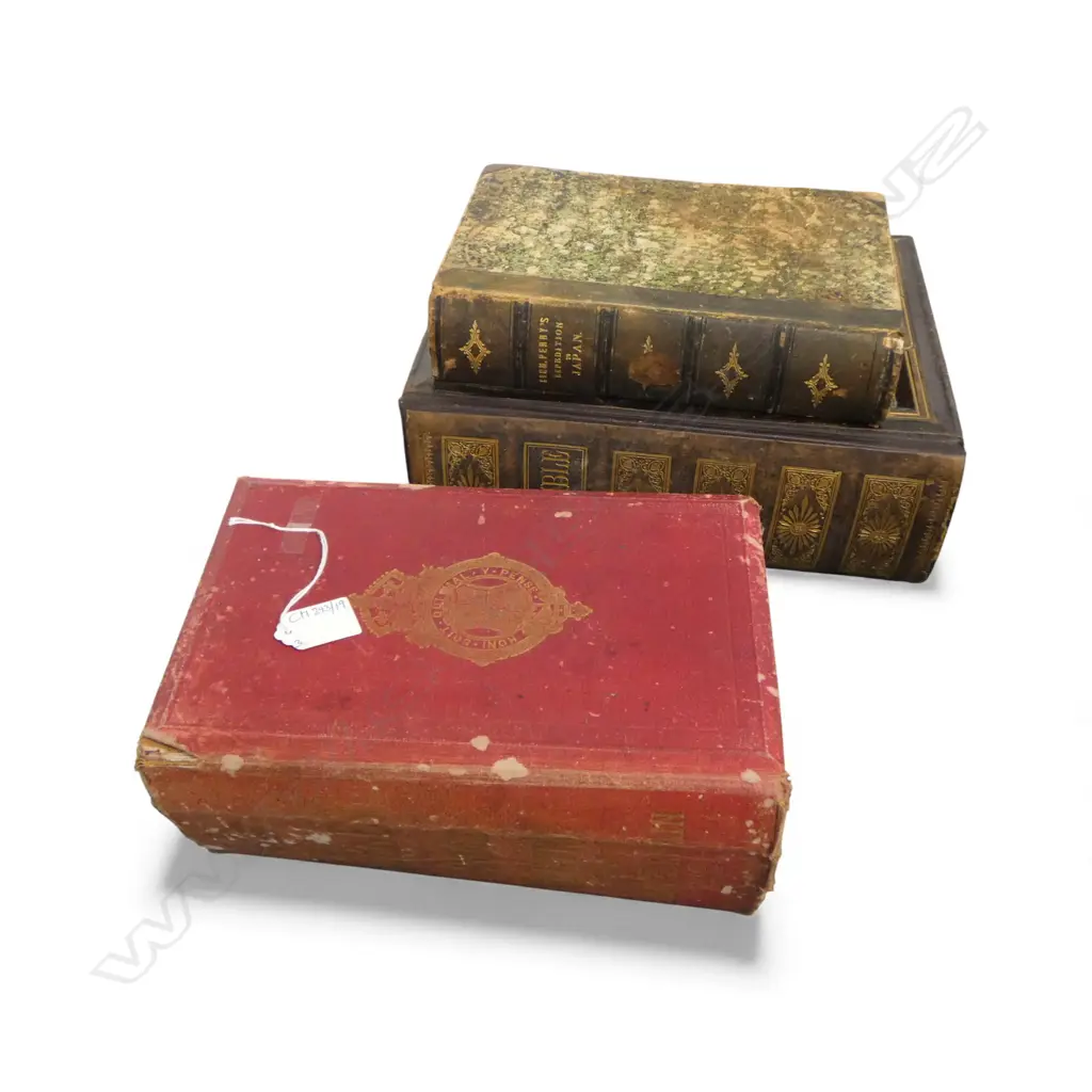 3 ANTIQUE BOOKS; BIBLE, BURKES LANDED GENTRY 1914, COMM. PERRYS EXPEDITION TO JAPAN Image 1++