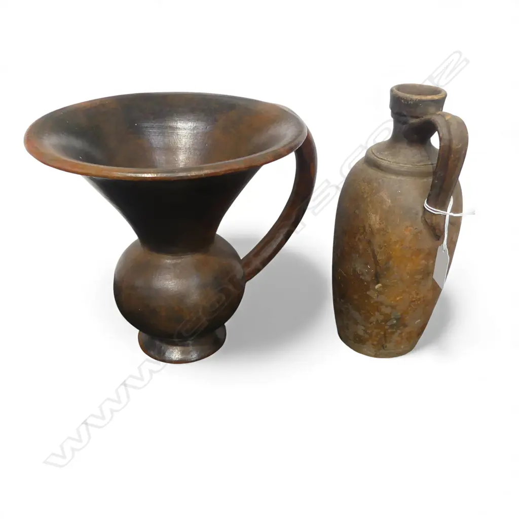 2 STUDIO POTTERY PIT FIRED EARTHENWARE HANDLED VESSELS H.250mm Image 1++