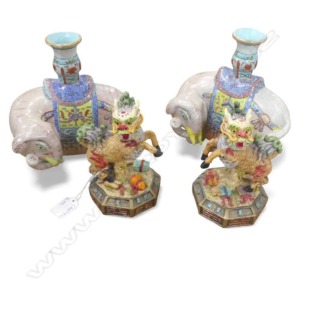 2 PRS ORIENTAL FIGURINES; RESIN DRAGONS, CERAMIC ELEPHANT CANDLESTICKS H.180mm (1 MISSING TUSKS) Image 1++