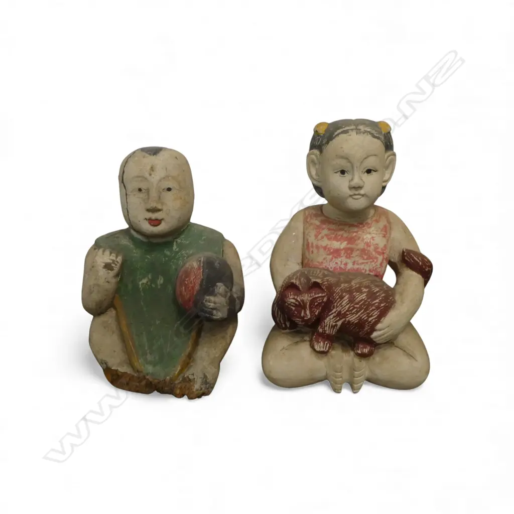 2 ORIENTAL CARVED WOODEN CHILDREN H.350mm Image 1++