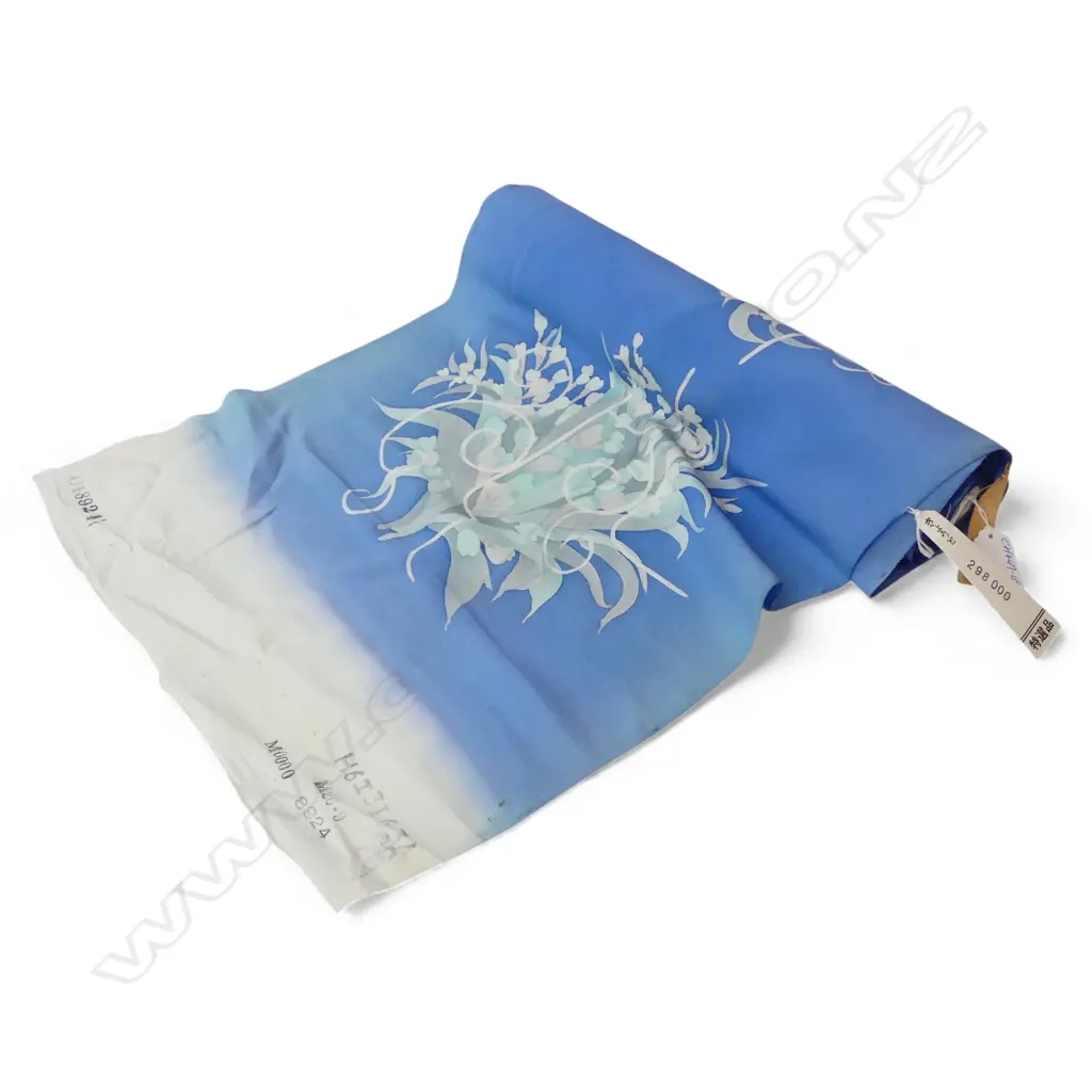 1980's NISHIJIN TEXTILE (Kyoto) JAPANESE ROLL OF PATTERNED SILK L.12m. W.360mm. New old stock soft blue + floral  Image 1++