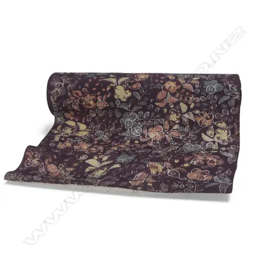 1980's NISHIJIN TEXTILE (Kyoto) JAPANESE ROLL OF PATTERNED SILK L.12m. W.360mm. New old stock floral on purple tone