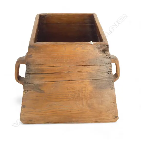 OLD CHINESE WOODEN RICE ? CONTAINER panelled tapered sides. With handles. H.290mm