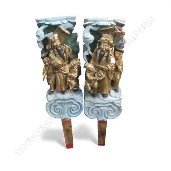 2 CARVED CHINESE GILT & BLUE PAINTED WOOD ARCHITECTURAL TEMPLE PILLARS H.1070mm some faults