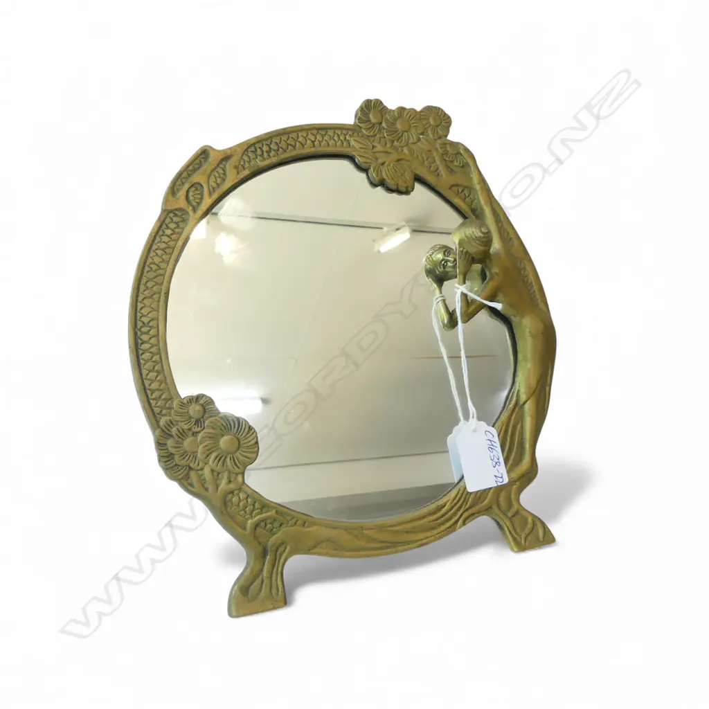 CAST BRASS DRESSING TABLE MIRROR with woman looking in. Strut back.H.255mm. Image 1++