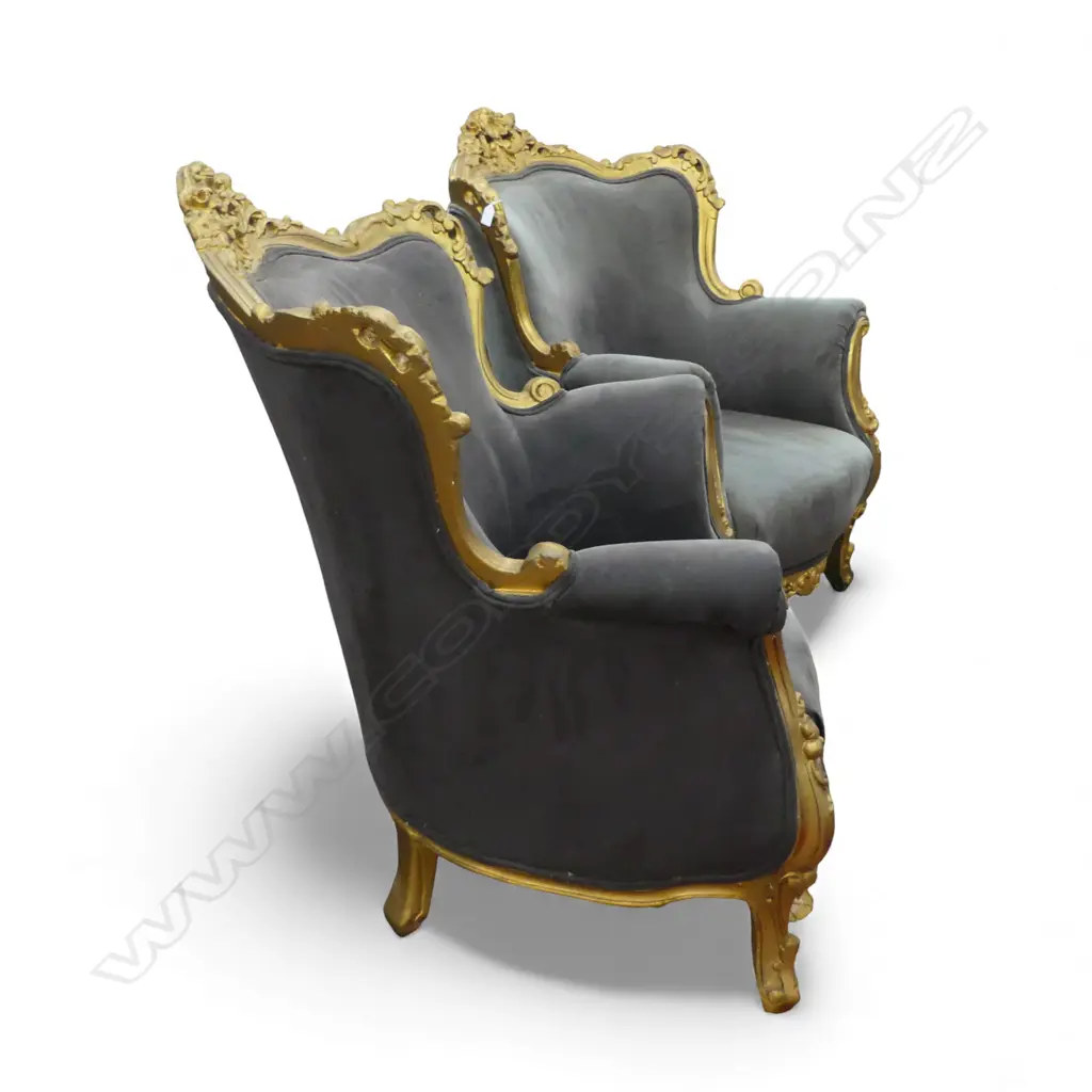 PR LOUIS XV ROCOCO STYLE  ARM CHAIRS IN GREY VELVET EX.THOMPSON TWINS Image 1++