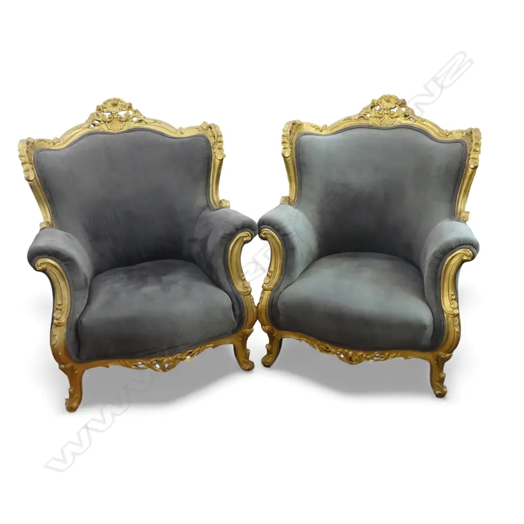 PR LOUIS XV ROCOCO STYLE  ARM CHAIRS IN GREY VELVET EX.THOMPSON TWINS Image 1++