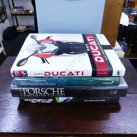 FOUR LRG MOTORING BOOKS; 2 x PORSCHE, DUCATTI & FORMULA ONE