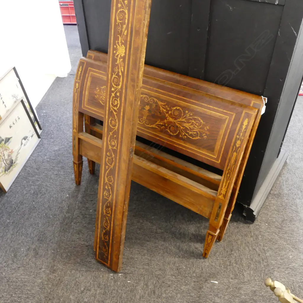 ANTIQUE HEAVILY INLAID WALNUT SINGLE BED HEADBOARDS & RAILS W930MM Image 1++