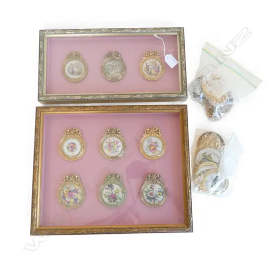 ASST. LIMOGES PLAQUES IN COVERLEY NZ FRAMES 70mm dia (2 LG FRAMES 195x385 / 310x385mm overall)