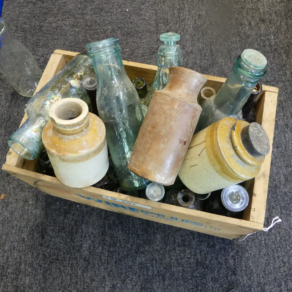 CRATE OF ASST. GLASS BOTTLES ETC Image 1++
