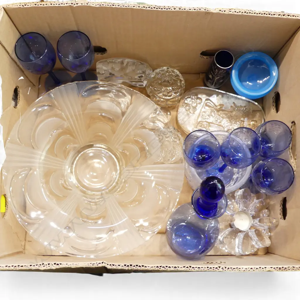 COLLECTION OF VINTAGE GLASS  BLUE GLASS DECANTER H300 MATCHING GLASSES  CLEAR GLASS PCS ETC Image 1++