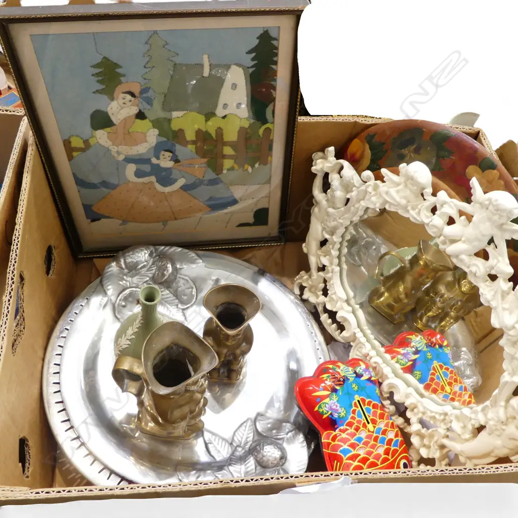 BOX LOT PLATTERS FELT PICTURE CAST METAL MIRROR H320MM BRASS TOBYS ETC Image 1++