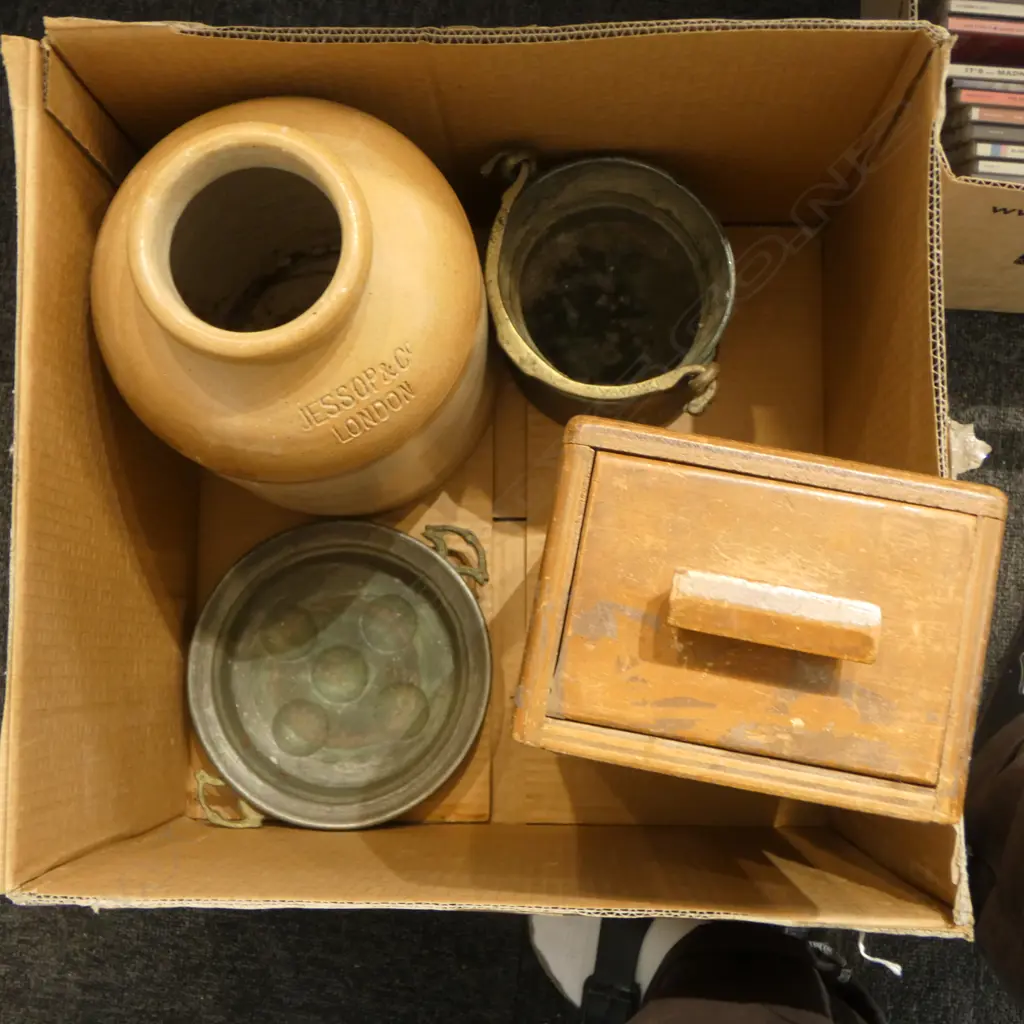 VINTAGE DRAWER, CROCK & 2 PCES COPPER Image 1++