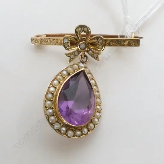 ANTIQUE 9CT AMETHYST & SEED PEARL BROOCH 4.1grms