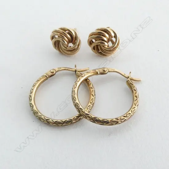 2 PRS 9ct EARRINGS, HOOPS & KNOT STUDS, 2gm