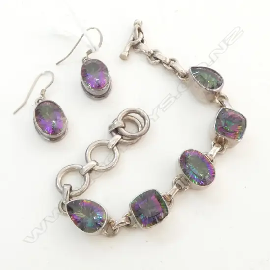 PR STG SILVER & PARTY STONE EARINGS w. MATCHING BRACELET L.205mm