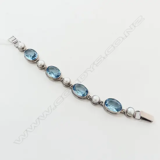 BLUE STONE & FRESH WATER PEARL STG SILVER BRACELET L.190mm