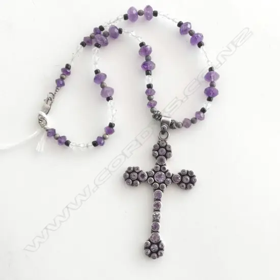 SILVER & AMETHYST CROSS PENDANT NECKLACE L.190mm (NECKLACE)