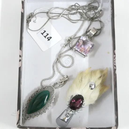 2 STG PENDANT NECKLACES (PLATED CHAINS) + CLAW BROOCH