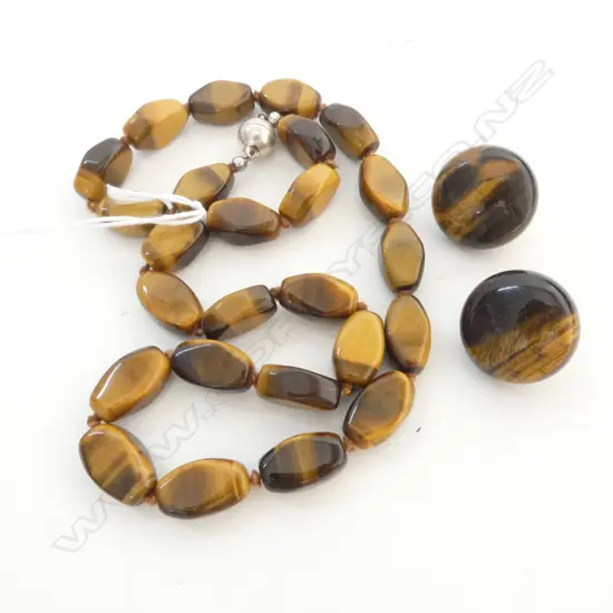 STG SILVER & TIGERS EYE NECKLACE L.520mm w. MATCHING MAGNETIC CLIP ON EARINGS 