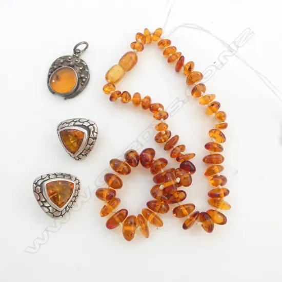 AMBER CHILDS NECKALCE, PR STG SILVER & AMBER CLIP ON EARINGS + AMBER PENDANT (BUG TRAPPED IN AMBER)