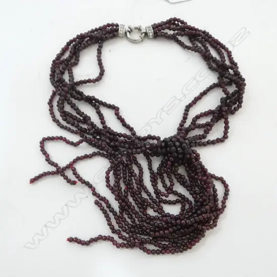 NATURA GARNET BEAD NECKALCE w. CZ & STG CLASP L.530mm