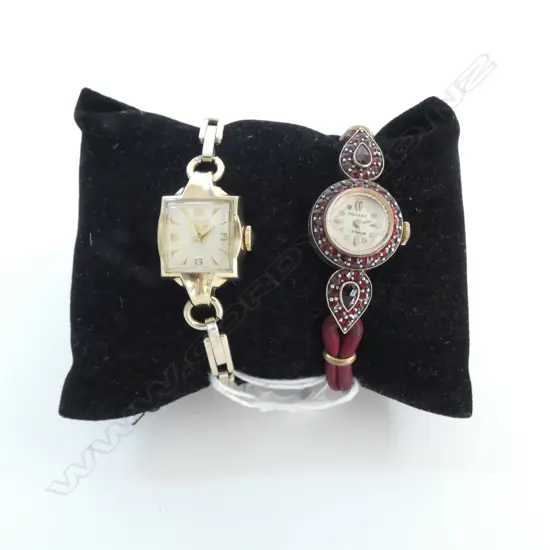 2 VINTAGE LADIES WRIST WATCHES; GP LONGINES, REGENT (POSSIBLY SET w. GARNETS)