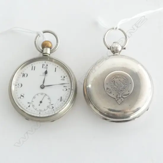 SILVER CASED POCKET WATCH, BIRM. 1904 & SILVER PLATED OMEGA POCKET WATCH